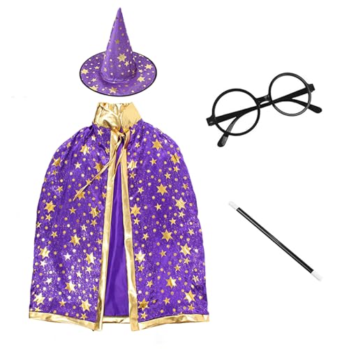 JNAWA Zauberer-Halloween-Kostüm, Zauberer-Umhang, Zauberhut, Zauberstab, Brille für Kinder, Halloween, Weltbuchtag, Kostüm, Cosplay, Party, Violett, 4 Stück JNAWA Zauberer-Halloween-Kostüm, Zauberer-Umhang, Zauberhut, Zauberstab, Brille für Kinder, Halloween, Weltbuchtag, Kostüm, Cosplay, Party, Violett, 4 Stück von JNAWA