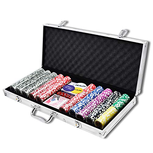 JNGLGO Pokerkoffer 500 Laser Pokerchips Pokerset mit 2 Pokerdecks, 5 Würfel, Dealer Button, Abschließbar Aluminiumkoffer Silber von JNGLGO