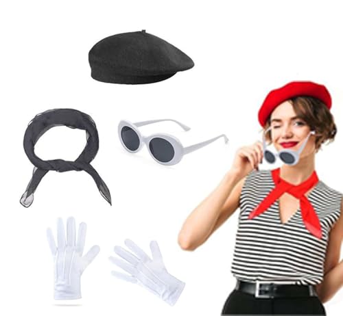 4-teiliges französisches Frauen-Set, 50er-Jahre-Kostüm, Zubehör mit Baskenmütze, Sonnenbrille, Schal, Handschuhe, französische Künstlerin, Mime-Kit für Frauen, Cosplay, Partyzubehör 4-teiliges französisches Frauen-Set, 50er-Jahre-Kostüm, Zubehör mit Baskenmütze, Sonnenbrille, Schal, Handschuhe, französische Künstlerin, Mime-Kit für Frauen, Cosplay, Partyzubehör von JNGUOSICN