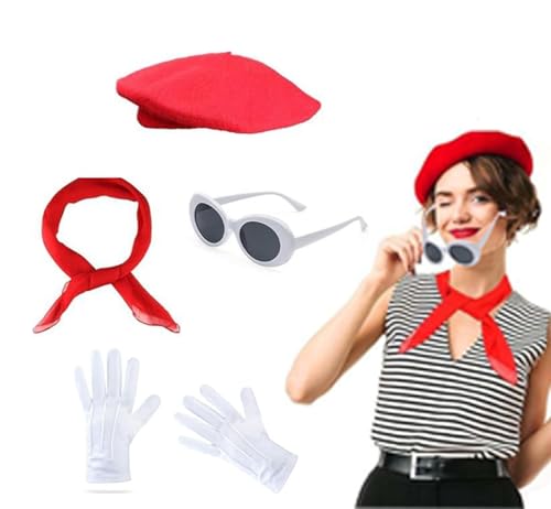4-teiliges französisches Frauen-Set, 50er-Jahre-Kostüm, Zubehör mit Baskenmütze, Sonnenbrille, Schal, Handschuhe, französische Künstlerin, Mime-Kit für Frauen, Cosplay, Partyzubehör 4-teiliges französisches Frauen-Set, 50er-Jahre-Kostüm, Zubehör mit Baskenmütze, Sonnenbrille, Schal, Handschuhe, französische Künstlerin, Mime-Kit für Frauen, Cosplay, Partyzubehör von JNGUOSICN