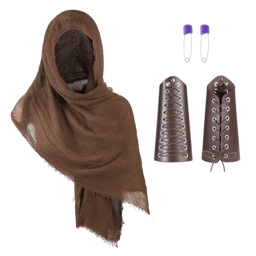 Halloween Mittelalterliches Ritter-Kostüm-Zubehör-Set enthält Retro-Kopftuch, Leder-Armschutz, Armschutz, Armschiene, verstellbar, Retro-Renaissance-Armband, Kapuzenschal für Halloween, Kostüm von JNGUOSICN