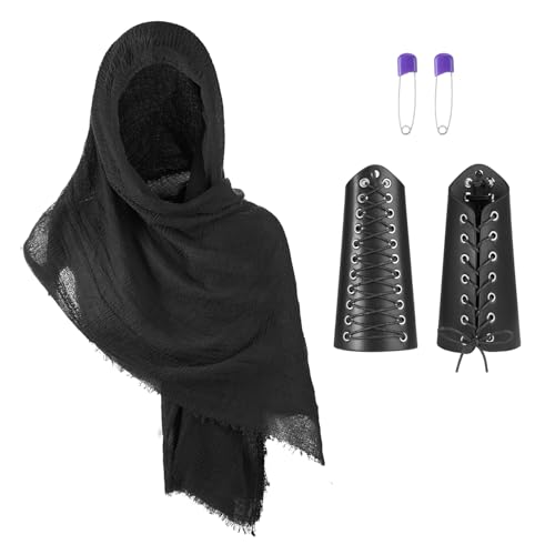 Halloween Mittelalterliches Ritter-Kostüm-Zubehör-Set enthält Retro-Kopftuch, Leder-Armschutz, Armschutz, Armschiene, verstellbar, Retro-Renaissance-Armband, Kapuzenschal für Halloween, Kostüm von JNGUOSICN