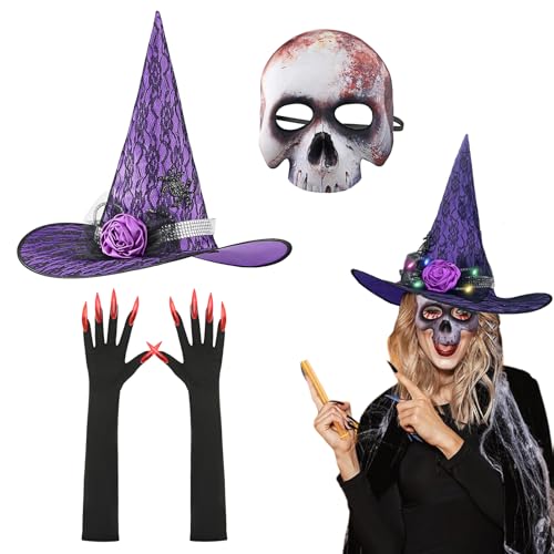 JNGUOSICN 3-teiliges Halloween-Hexenkostüm-Set, beleuchteter Hexenhut mit gruseligem Totenkopf-Gesichtsmaske und Fingernagelhandschuhen, LED, leuchtender Zaubererhut, gruselige Gesichtsabdeckung JNGUOSICN 3-teiliges Halloween-Hexenkostüm-Set, beleuchteter Hexenhut mit gruseligem Totenkopf-Gesichtsmaske und Fingernagelhandschuhen, LED, leuchtender Zaubererhut, gruselige Gesichtsabdeckung von JNGUOSICN