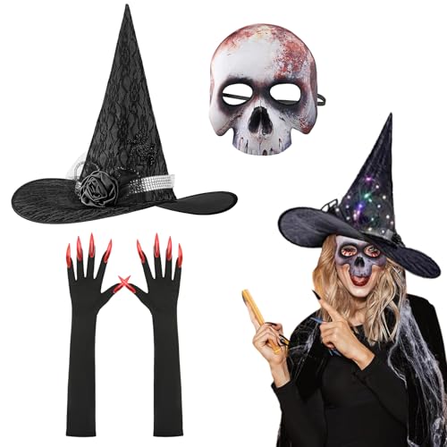 JNGUOSICN 3-teiliges Halloween-Hexenkostüm-Set, beleuchteter Hexenhut mit gruseligem Totenkopf-Gesichtsmaske und Fingernagelhandschuhen, LED, leuchtender Zaubererhut, gruselige Gesichtsabdeckung JNGUOSICN 3-teiliges Halloween-Hexenkostüm-Set, beleuchteter Hexenhut mit gruseligem Totenkopf-Gesichtsmaske und Fingernagelhandschuhen, LED, leuchtender Zaubererhut, gruselige Gesichtsabdeckung von JNGUOSICN