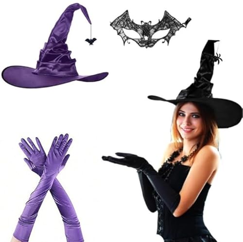 JNGUOSICN 3-teiliges Hexenkostüm-Set, magischer Hexenhut mit langen Handschuhen, Spitzen-Augenmaske, faltbar, schwarzer Fleckenhut mit Glitzer, Fledermaus-Zaubererhut und Fledermausmaske, Set für JNGUOSICN 3-teiliges Hexenkostüm-Set, magischer Hexenhut mit langen Handschuhen, Spitzen-Augenmaske, faltbar, schwarzer Fleckenhut mit Glitzer, Fledermaus-Zaubererhut und Fledermausmaske, Set für von JNGUOSICN