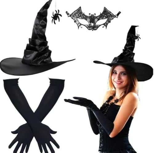 JNGUOSICN 3-teiliges Hexenkostüm-Set, magischer Hexenhut mit langen Handschuhen, Spitzen-Augenmaske, faltbar, schwarzer Fleckenhut mit Glitzer, Fledermaus-Zaubererhut und Fledermausmaske, Set für JNGUOSICN 3-teiliges Hexenkostüm-Set, magischer Hexenhut mit langen Handschuhen, Spitzen-Augenmaske, faltbar, schwarzer Fleckenhut mit Glitzer, Fledermaus-Zaubererhut und Fledermausmaske, Set für von JNGUOSICN