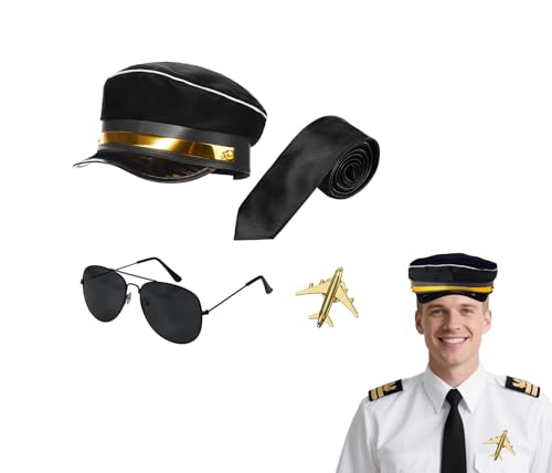 JNGUOSICN 4-teiliges Flugzeug-Piloten-Kostüm-Set mit Hut, Sonnenbrille, Brosche, Krawatte, Kostüm-Zubehör für Flug, Mottoparty, Halloween, Cosplay von JNGUOSICN