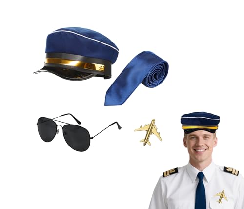 JNGUOSICN 4-teiliges Flugzeug-Piloten-Kostüm-Set mit Hut, Sonnenbrille, Brosche, Krawatte, Kostüm-Zubehör für Flug, Mottoparty, Halloween, Cosplay JNGUOSICN 4-teiliges Flugzeug-Piloten-Kostüm-Set mit Hut, Sonnenbrille, Brosche, Krawatte, Kostüm-Zubehör für Flug, Mottoparty, Halloween, Cosplay von JNGUOSICN