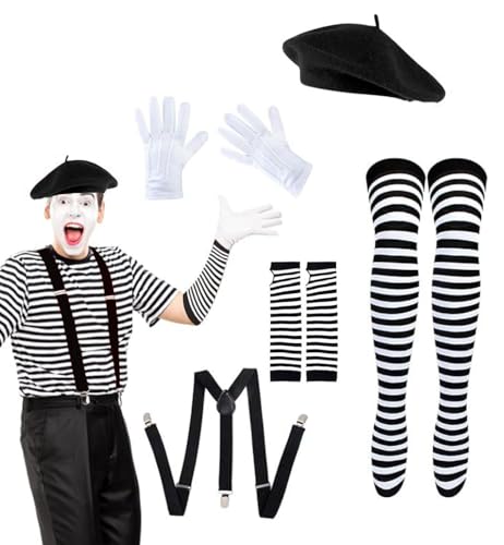 JNGUOSICN 5-teiliges französisches Mime-Kostüm-Set, Pantomime, Kostüm, Künstler, Mime-Zubehör mit französischer Baskenmütze, weißen Handschuhen, Hosenträgern, gestreiften Handschuhen und Socken JNGUOSICN 5-teiliges französisches Mime-Kostüm-Set, Pantomime, Kostüm, Künstler, Mime-Zubehör mit französischer Baskenmütze, weißen Handschuhen, Hosenträgern, gestreiften Handschuhen und Socken von JNGUOSICN