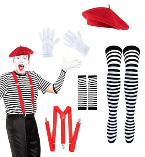 JNGUOSICN 5-teiliges französisches Mime-Kostüm-Set, Pantomime, Kostüm, Künstler, Mime-Zubehör mit französischer Baskenmütze, weißen Handschuhen, Hosenträgern, gestreiften Handschuhen und Socken JNGUOSICN 5-teiliges französisches Mime-Kostüm-Set, Pantomime, Kostüm, Künstler, Mime-Zubehör mit französischer Baskenmütze, weißen Handschuhen, Hosenträgern, gestreiften Handschuhen und Socken von JNGUOSICN