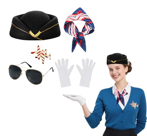 JNGUOSICN Fluglinien-Stewardess-Kostüm-Zubehör-Set, Flugbesucher, Cosplay-Outfit, Requisiten mit Stewardess-Hut, Sonnenbrille, Brosche, Schal, Handschuhe für Damen, Halloween, Kostüm, Karneval von JNGUOSICN