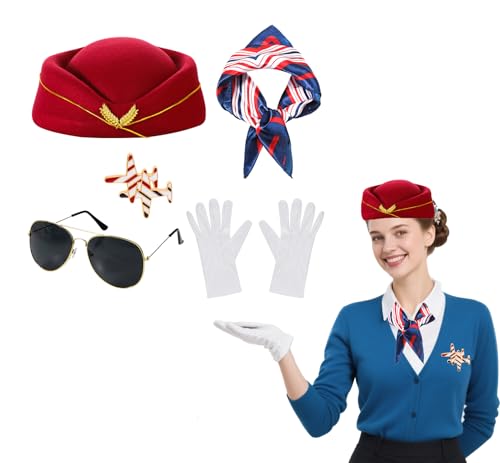 JNGUOSICN Fluglinien-Stewardess-Kostüm-Zubehör-Set, Flugbesucher, Cosplay-Outfit, Requisiten mit Stewardess-Hut, Sonnenbrille, Brosche, Schal, Handschuhe für Damen, Halloween, Kostüm, Karneval JNGUOSICN Fluglinien-Stewardess-Kostüm-Zubehör-Set, Flugbesucher, Cosplay-Outfit, Requisiten mit Stewardess-Hut, Sonnenbrille, Brosche, Schal, Handschuhe für Damen, Halloween, Kostüm, Karneval von JNGUOSICN