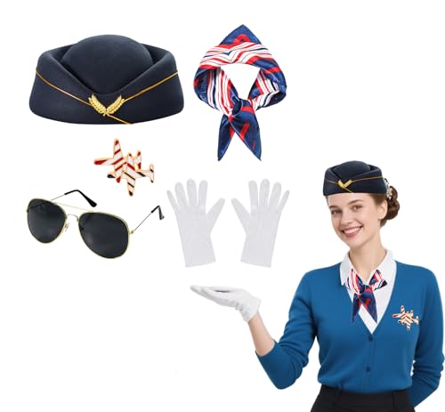 JNGUOSICN Fluglinien-Stewardess-Kostüm-Zubehör-Set, Flugbesucher, Cosplay-Outfit, Requisiten mit Stewardess-Hut, Sonnenbrille, Brosche, Schal, Handschuhe für Damen, Halloween, Kostüm, Karneval JNGUOSICN Fluglinien-Stewardess-Kostüm-Zubehör-Set, Flugbesucher, Cosplay-Outfit, Requisiten mit Stewardess-Hut, Sonnenbrille, Brosche, Schal, Handschuhe für Damen, Halloween, Kostüm, Karneval von JNGUOSICN