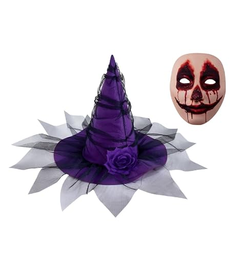 JNGUOSICN Halloween Hexenhut und Blutige Gesichtsmaske Set Elegant Mesh Hexenhut mit Rose & Gruselige Blutende Maske Halloween Horror Cosplay Kostüm Verkleidung Mottopartys Requisite von JNGUOSICN