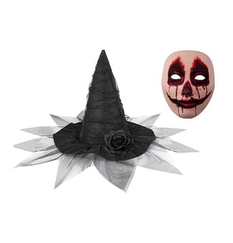 JNGUOSICN Halloween Hexenhut und Blutige Gesichtsmaske Set Elegant Mesh Hexenhut mit Rose & Gruselige Blutende Maske Halloween Horror Cosplay Kostüm Verkleidung Mottopartys Requisite JNGUOSICN Halloween Hexenhut und Blutige Gesichtsmaske Set Elegant Mesh Hexenhut mit Rose & Gruselige Blutende Maske Halloween Horror Cosplay Kostüm Verkleidung Mottopartys Requisite von JNGUOSICN