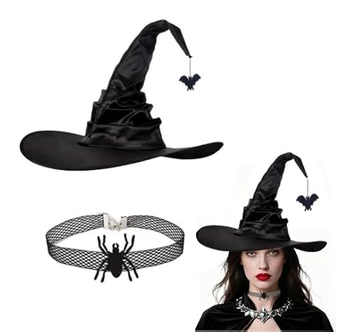 JNGUOSICN Halloween-Hexenkostüm, schwarzer Hexenhut und Choker-Halsketten-Set, spitz, lustiger Zaubererhut, Halloween-Kostüm, Zubehör für Damen, Cosplay-Requisite JNGUOSICN Halloween-Hexenkostüm, schwarzer Hexenhut und Choker-Halsketten-Set, spitz, lustiger Zaubererhut, Halloween-Kostüm, Zubehör für Damen, Cosplay-Requisite von JNGUOSICN