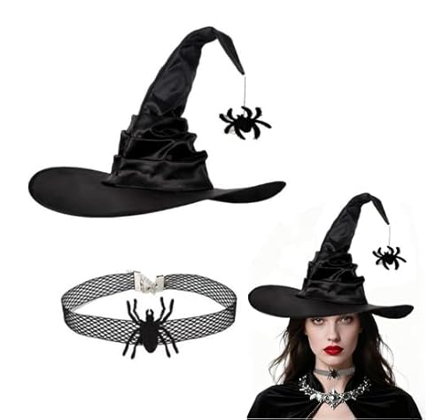 JNGUOSICN Halloween-Hexenkostüm, schwarzer Hexenhut und Choker-Halsketten-Set, spitz, lustiger Zaubererhut, Halloween-Kostüm, Zubehör für Damen, Cosplay-Requisite JNGUOSICN Halloween-Hexenkostüm, schwarzer Hexenhut und Choker-Halsketten-Set, spitz, lustiger Zaubererhut, Halloween-Kostüm, Zubehör für Damen, Cosplay-Requisite von JNGUOSICN