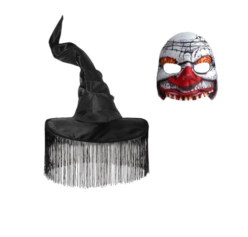 JNGUOSICN Halloween-Hexenkostüm-Set, Zaubererhut mit gruseliger Maske, Quaste, Kopfbedeckung, halbes Gesicht, blutige Masken für Erwachsene, Kostümzubehör, Spukhaus, Cosplay-Requisite, 2 Stück von JNGUOSICN