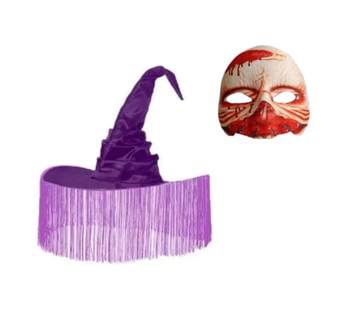 JNGUOSICN Halloween-Hexenkostüm-Set, Zaubererhut mit gruseliger Maske, Quaste, Kopfbedeckung, halbes Gesicht, blutige Masken für Erwachsene, Kostümzubehör, Spukhaus, Cosplay-Requisite, 2 Stück von JNGUOSICN