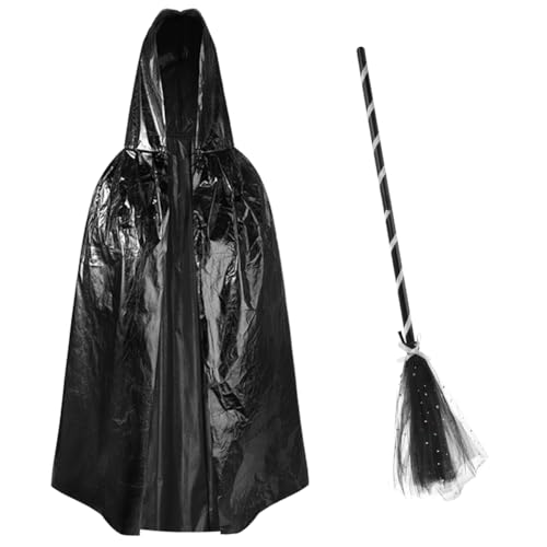 JNGUOSICN Halloween-Hexenkostüm für Kinder, Zauberer-Umhang mit Besen, 2 Stück, Kinder-Hexenbesen, Kostüm, Zubehör, Cosplay, Requisite, Halloween-Kostüm, Outfit für Kinder von JNGUOSICN
