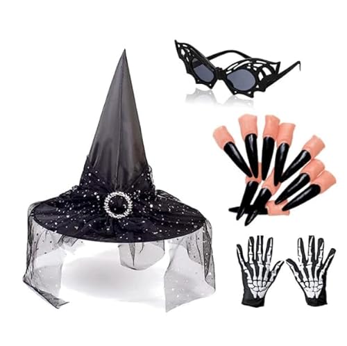 JNGUOSICN Hexenkostüm, Halloween-Hexenkostüm, Zubehör-Set mit schwarzen Handschuhen, faltbarem Spitzhut, Brille und Fingernagel für Damen, Cosplay-Party, 4-teilig von JNGUOSICN