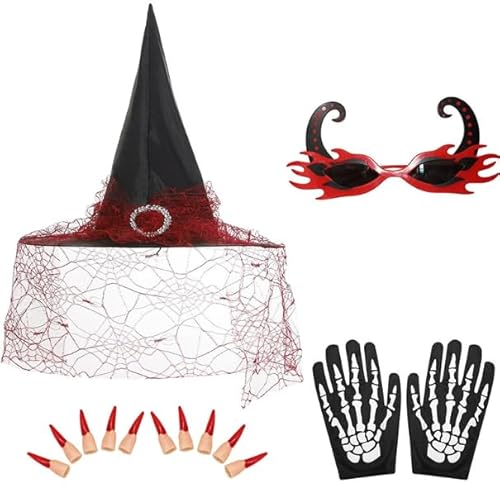 JNGUOSICN Hexenkostüm, Halloween-Hexenkostüm, Zubehör-Set mit schwarzen Handschuhen, faltbarem Spitzhut, Brille und Fingernagel für Damen, Cosplay-Party, 4-teilig von JNGUOSICN