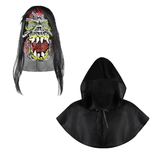 JNGUOSICN Kurzer Kapuzenumhang, schreckliche Teufelsmaske, Erwachsene, schwarze Hexe, Cosplay-Umhang, langes Haar, gruselige Gesichtsmasken, Vampir-Zauberer, Cosplay-Zubehör für Halloween JNGUOSICN Kurzer Kapuzenumhang, schreckliche Teufelsmaske, Erwachsene, schwarze Hexe, Cosplay-Umhang, langes Haar, gruselige Gesichtsmasken, Vampir-Zauberer, Cosplay-Zubehör für Halloween von JNGUOSICN