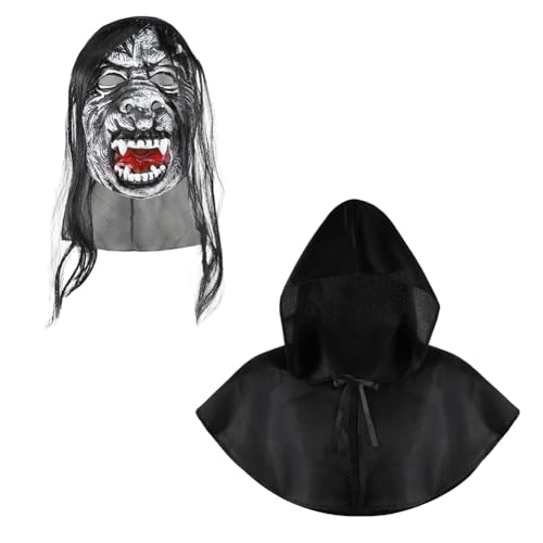 JNGUOSICN Kurzer Kapuzenumhang, schreckliche Teufelsmaske, Erwachsene, schwarze Hexe, Cosplay-Umhang, langes Haar, gruselige Gesichtsmasken, Vampir-Zauberer, Cosplay-Zubehör für Halloween JNGUOSICN Kurzer Kapuzenumhang, schreckliche Teufelsmaske, Erwachsene, schwarze Hexe, Cosplay-Umhang, langes Haar, gruselige Gesichtsmasken, Vampir-Zauberer, Cosplay-Zubehör für Halloween von JNGUOSICN