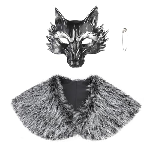 JNGUOSICN Mittelalter Kunstfell Schulter Wrap Wolf Gesichtsmaske Wikinger Pelz Umhang Umhang Tier Halbgesichtsmaske Renaissance Werwolf Kostüm für Halloween Karneval Cosplay Verkleidung Party JNGUOSICN Mittelalter Kunstfell Schulter Wrap Wolf Gesichtsmaske Wikinger Pelz Umhang Umhang Tier Halbgesichtsmaske Renaissance Werwolf Kostüm für Halloween Karneval Cosplay Verkleidung Party von JNGUOSICN