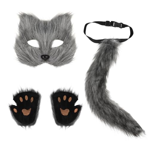 JNGUOSICN Plüsch-Katzen-Masken-Set, Kunstfellschwanz, pelziger Wolfspfote, Krallenhandschuhe, Cosplay-Kostüm-Set, Tierverkleidung, Zubehör für Halloween, Maskerade, Rollenspiele, Party-Requisiten von JNGUOSICN