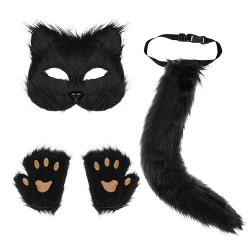 JNGUOSICN Plüsch-Katzen-Masken-Set, Kunstfellschwanz, pelziger Wolfspfote, Krallenhandschuhe, Cosplay-Kostüm-Set, Tierverkleidung, Zubehör für Halloween, Maskerade, Rollenspiele, Party-Requisiten von JNGUOSICN