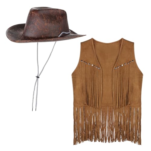 JNGUOSICN Western-Cowboy-Kostüm-Set für Herren, Fransenweste, Cowboyhut, 60er-, 70er-Jahre-, Hippie-Kostüm, Kleidung, Wildlederimitat, offene Vorderseite, ärmellose Weste, Jacke für Hippie, Disco JNGUOSICN Western-Cowboy-Kostüm-Set für Herren, Fransenweste, Cowboyhut, 60er-, 70er-Jahre-, Hippie-Kostüm, Kleidung, Wildlederimitat, offene Vorderseite, ärmellose Weste, Jacke für Hippie, Disco von JNGUOSICN