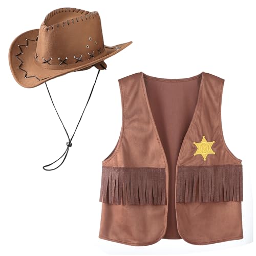 Western-Cowboy-Zubehör-Set für Kinder, Western-Stil, Cowgirl-Outfit, Cowboy-Weste mit Quasten, Weste mit Hut, Kinder-Kostüm-Zubehör für Halloween, Cosplay-Party, 2-teilig von JNGUOSICN