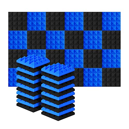 JNJOOD 24 Stück 25 x 25 x 5 cm Akustik-Studio-Akustikschaumstoff Pyramide Schalldämmung Schalldämmung Schallabsorption Schwarz + Blau von JNJOOD