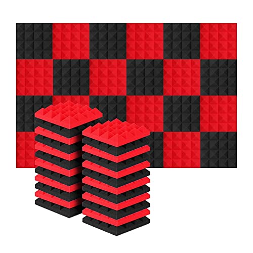 JNJOOD 24 Stück 25 x 25 x 5 cm Akustik-Studio-Akustikschaumstoff Pyramide Schalldämmung zur akustischen Behandlung Schwarz + Rot von JNJOOD