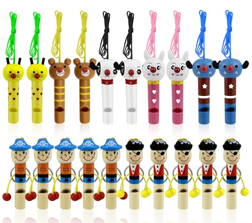JNZLT 20 Stück Holzflöte Kinder, Piratenpfeife mit Tiergeräuschen (8cm) Sicher Holzpfeife Kinder, Kindergeburtstag Spielzeug, Geschenk für Weihnachten Halloween von JNZLT