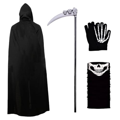 JOAASU 4-teiliges Sensenmann-Kostüm-Set, Halloween-Kostüme, inklusive Robe, Totensense, Skelettmaske, Handschuhe, Sensenmann-Kostüm, Zubehör für Cosplay-Outfits, Partykleid für Damen und Herren von JOAASU