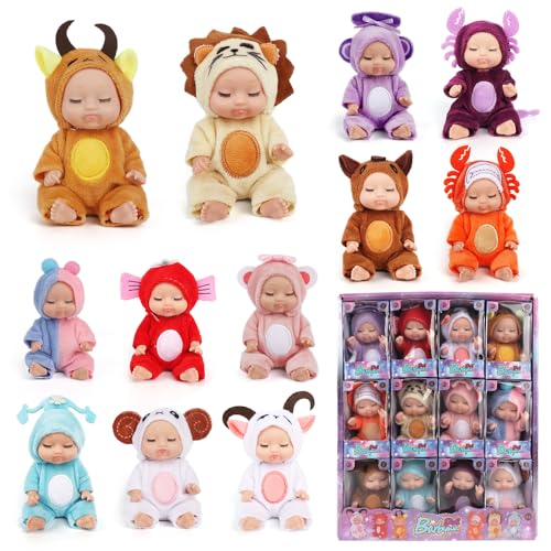 JOAASU Mini Reborn Babypuppe - 12 Stück Newborn Baby Puppen, 12 Sternzeichen Schlafende Puppen, Puppenspielzeug für Mädchen, Kleinkinder und Kinder von JOAASU