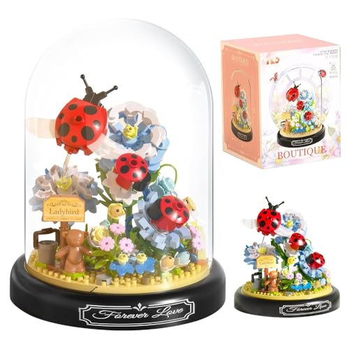 JOAASU Blumen Bausteine Set, 596 Teile Siebenpunkt-Marienkäfer Blumen Micro Mini Baustein Set, Insekten Blumenstrauß Micro Mini Baustein mit Sockel und Staubschutzhülle für Ideen Geschenk, Home Decors von JOAASU