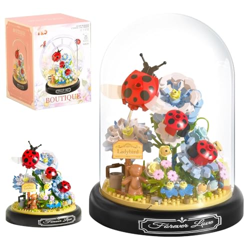 JOAASU Blumenstrauß-Bausets, Blumenstrauß-Bausteine, 596 Stück, Insekten-Bausteine mit Staubschutz, Weihnachts- und Geburtstagsgeschenk für Mutter, Ehefrau, Freundin (Blumen und Marienkäfer) von JOAASU