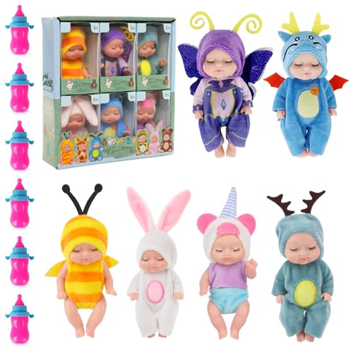 JOAASU Babypuppe Set, 6 Stück Mini Babypuppen mit 6 Flaschen, Mini Puppe, Realistische Babypuppe, Newborn Reborn Baby, Waschbares PVC-Material, Puppenspielzeug für Mädchen, Kinder von JOAASU