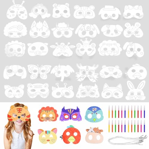 JOBYNIM 32 Stück Tiermasken für Kinder, Blanko Masken zum Ausmalen Kreative Masken Kinder mit Elastische Schnur und Aquarellstifte für Halloween, Weihnachten, Bühnenaufführungen, Themenpartys JOBYNIM 32 Stück Tiermasken für Kinder, Blanko Masken zum Ausmalen Kreative Masken Kinder mit Elastische Schnur und Aquarellstifte für Halloween, Weihnachten, Bühnenaufführungen, Themenpartys von JOBYNIM