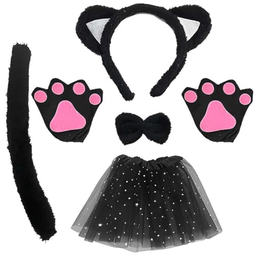 JOCXZI Kostümset Katze für Kinder - 1 Satz Katze Tierkleid Cosplay Set Katzenohren Stirnband Kätzchen Schwanz Ohren Kragen Pfoten Handschuhe Schwarzes Tutu ür Kinder Halloween JOCXZI Kostümset Katze für Kinder - 1 Satz Katze Tierkleid Cosplay Set Katzenohren Stirnband Kätzchen Schwanz Ohren Kragen Pfoten Handschuhe Schwarzes Tutu ür Kinder Halloween von JOCXZI