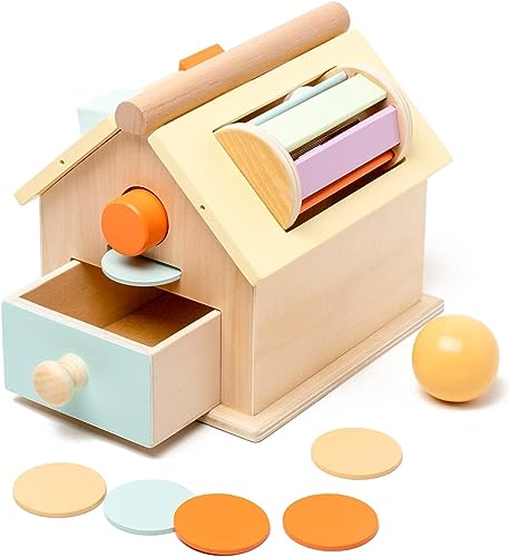 JOCY Montessori Spielzeug ab 6 Monate, 4 In 1 Early Development & Activity Toys, Wooden Spinning Drum, Ball Drop, Münze Box, Farberkennung, Feinmotorik Spielzeug, Holzspielzeug für 6-12 Monate von JOCY