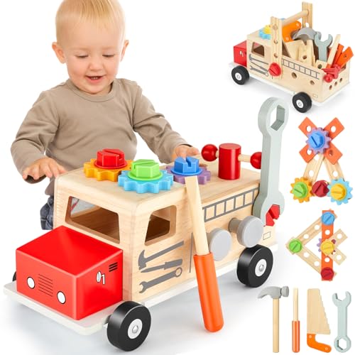 JOEJONI Werkzeugkoffer Kinder Werkbank, Montessori Spielzeug ab 3 Jahre, Holzspielzeug Kinderwerkzeug, Kinderwerkzeug Spielzeug Werkzeugwagen, Geschenk Junge Mädchen ab 3 4 5 6 Jahre von JOEJONI