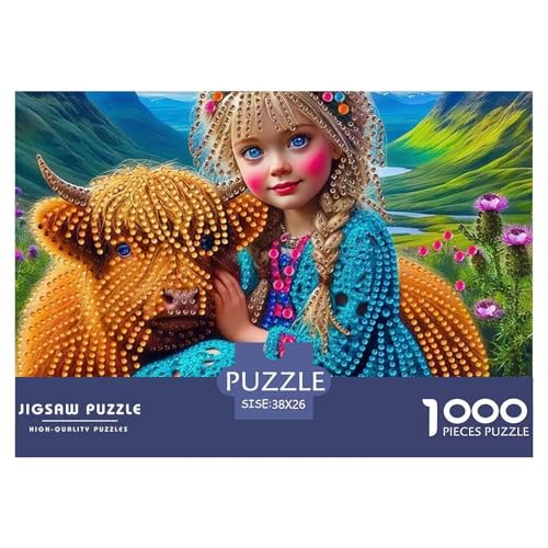Highland Kuh Mädchen 1000 Teile Puzzle Für Erwachsene Familien-Challenge-Spielzeuge Stresslindernde Unterhaltung Teamgeist Pflegen Für Männer, Frauen, Ältere 38x26cm/1000pcs von JOFHYYSIE