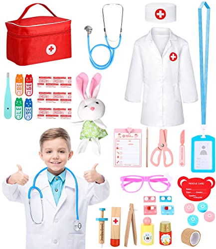 JOFLVA Arztkoffer Kinder Holz Spielset Mit Echt Stethoskop, Arztkittel Doktor Spielset Rollenspiel Kit Geschenke für Kinder Ab 3 Jahren von JOFLVA