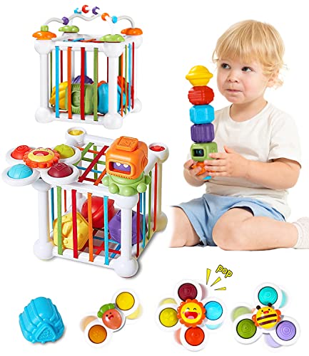 JOFLVA Montessori Spielzeug ab 1 jahr für Jungen Mädchen, Baby Sensory Bin Shape Sorter Toys Bunter Würfel,mit 3 Saugnapf-Kreiselspielzeug Perlenlabyrinth,Lernspielzeug für Kleinkinder im Alter von1-3 von JOFLVA