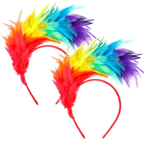 JOFONY 2Pcs Bunt Feder Stirnbänder,Fascinator mit Feder,Regenbogen Feder Karneval Haarreif,Federkopfschmuck für Hochzeit Halloween Weihnachten Party von JOFONY