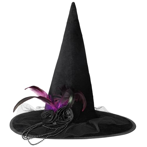 JOFONY Halloween Hexenhut,Schwarz Hexen Hut mit Rosen und Federn,Samttuch Hexen Accessoires Zaubererhüte für Halloween Maskeradepartys Maskeraden Kostümparty JOFONY Halloween Hexenhut,Schwarz Hexen Hut mit Rosen und Federn,Samttuch Hexen Accessoires Zaubererhüte für Halloween Maskeradepartys Maskeraden Kostümparty von JOFONY